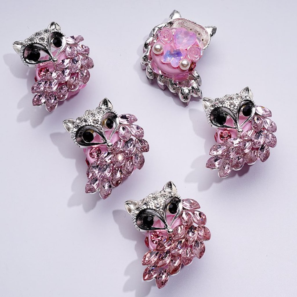 Elegant Silver Alloy Fox with Sparkling Rhinestones, White Pearls & Charming Hearts, Butterflies & Flowers Adorned with Clay Beads Approx. 47x36MM