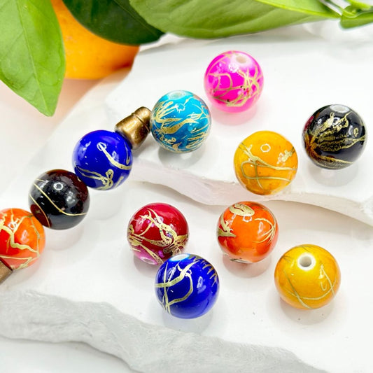Round Abstract Art Gold Color Stripes Solid Color Acrylic Beads, 16MM, Random Mix