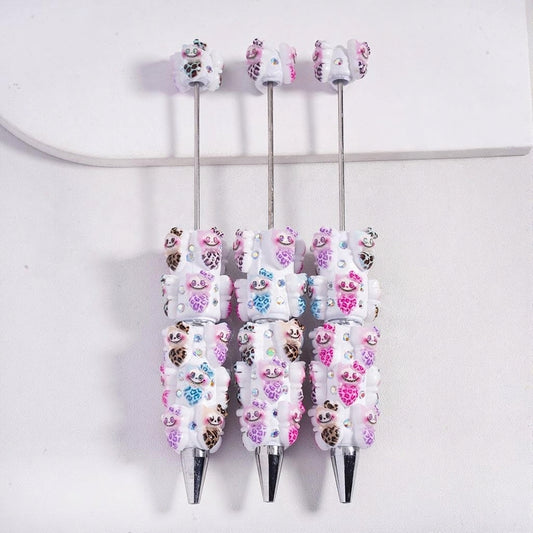 Cute Monster Doll Holding Heart with Bow Leopard Prints Multi-Color AB Rhinestones and White Pearl Beadable Clay Pens