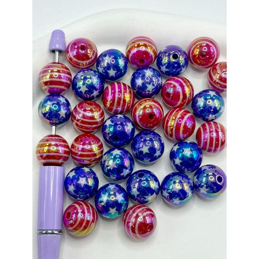 USA American Flag Prints Stripes UV Coating Acrylic Beads, Random Mix, 16MM