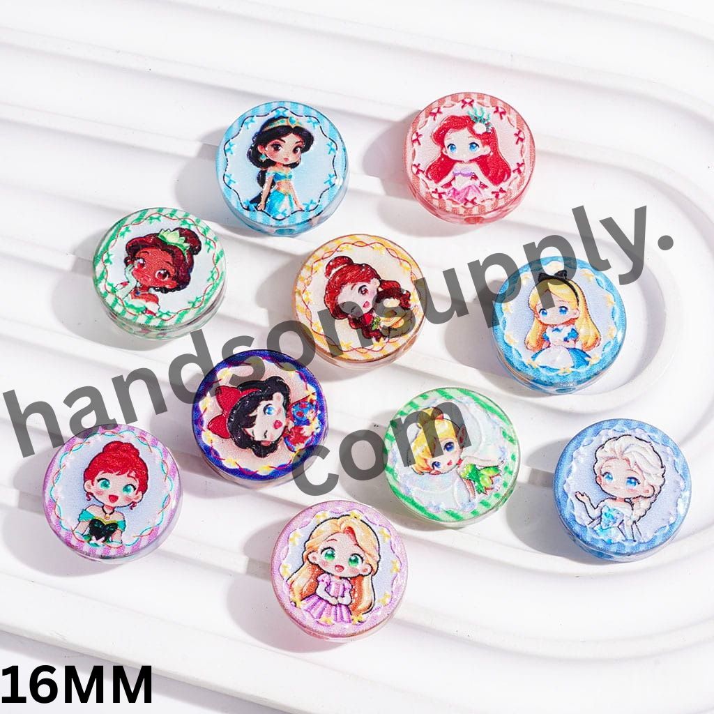 Classic Royal Princess Character Print Semi-Clear Flat Round Shape Acrylic Beads, 16MM, Random Mix