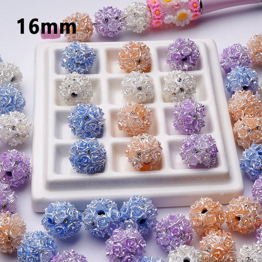 Round Clay Beads with Mini Rose Flowers and Clear Rhinestones, 16MM, Random Mix