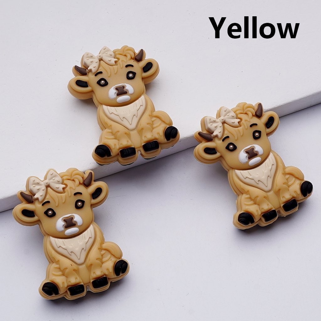 Highland Cow Silicone Focal Beads Cute Design with Bowknots & Farm Animal Theme