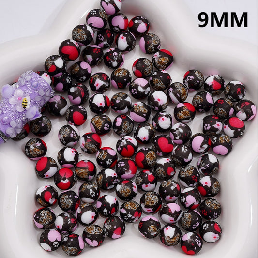 Red Pink Hearts Leopard Paw Printed Silicone Beads, 9MM, Number Z-00259