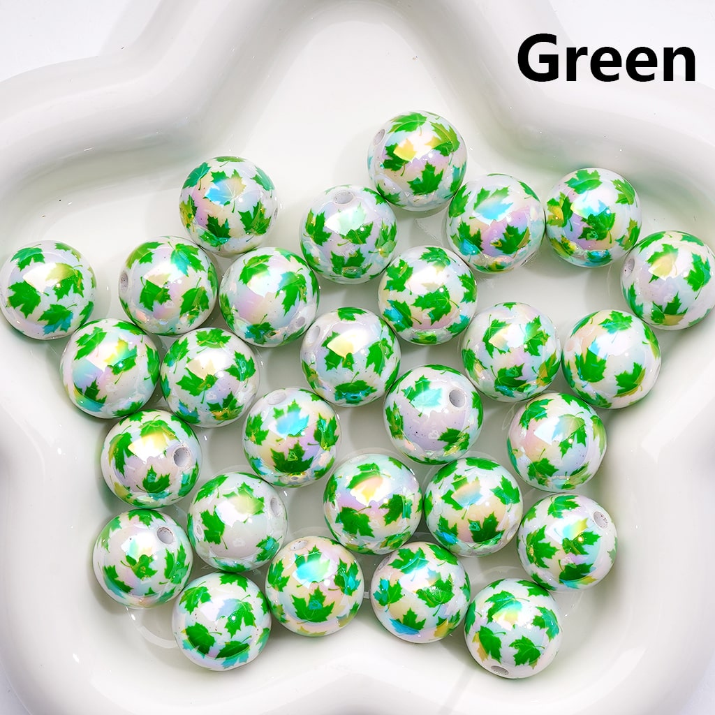 UV Coated Maple Leaf Print Multi-Color Round Acrylic Beads 16mm（Single Color is available for 200pcs(Whole Bag))