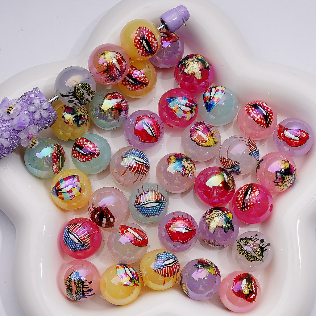 UV Coating USA America Patriotism Multi-Color Lips Jelly White Clear Round Acrylic Beads 16MM