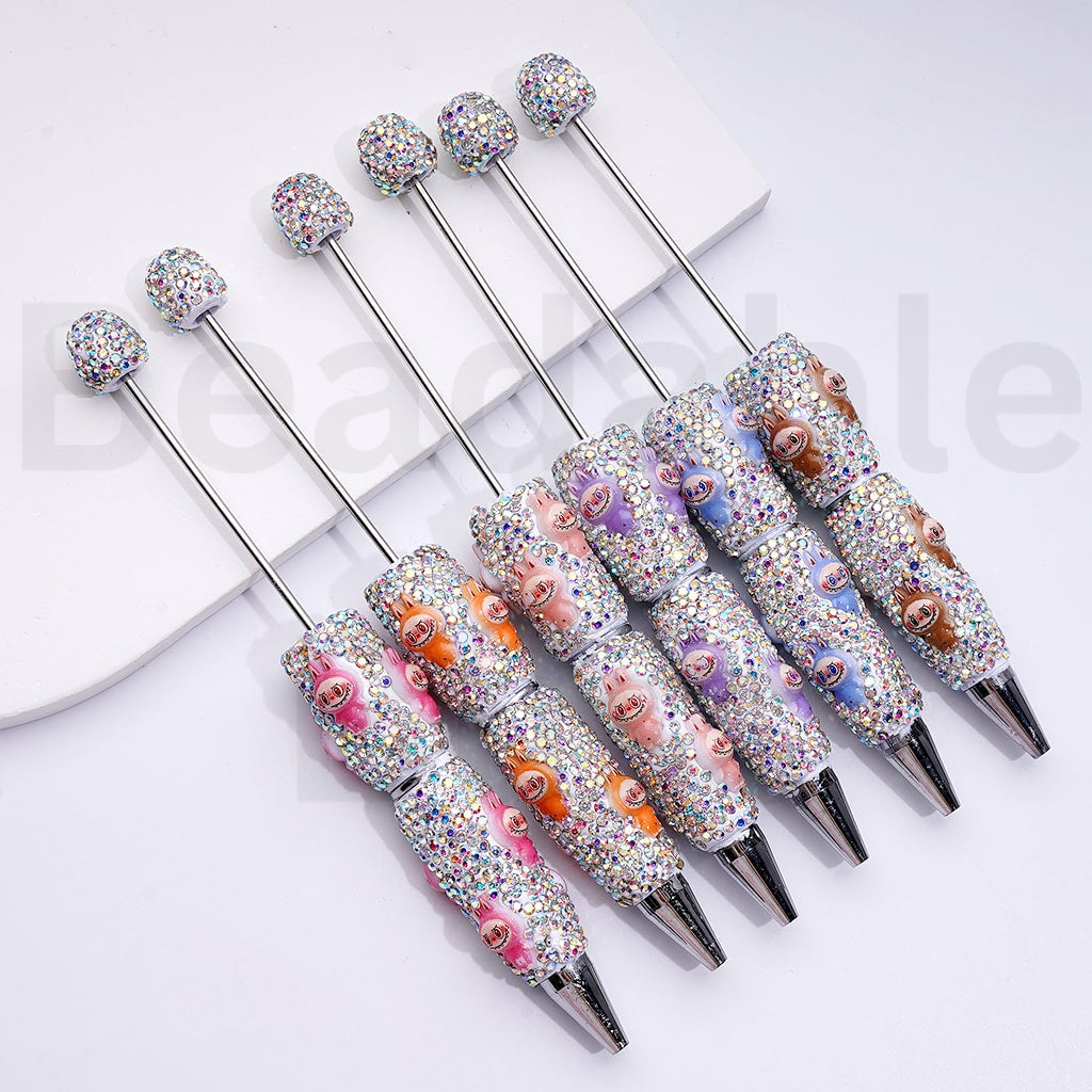 White Color Beadable Clay Pens with Cute Monster Doll AB Rhinestones Covered the Entire Pen