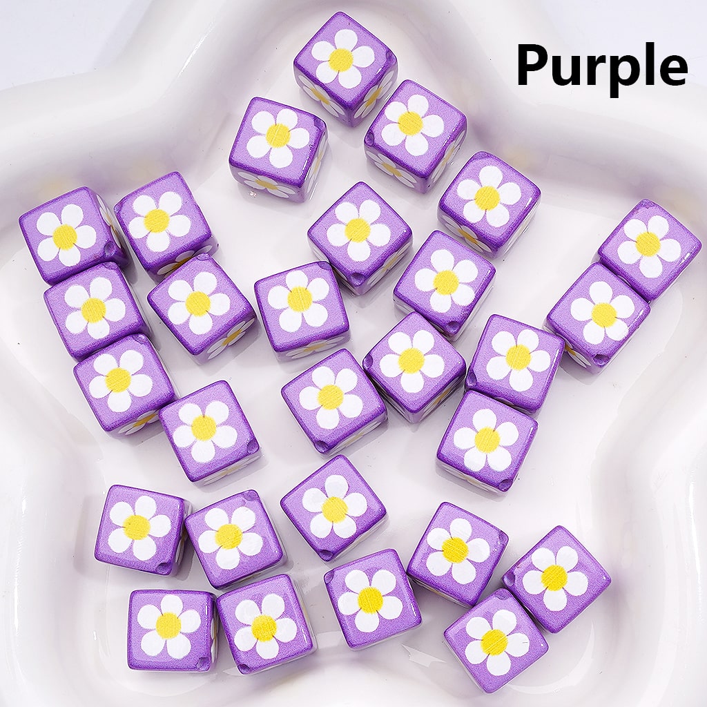Square Cube with Mini Flowers 12MM Solid Colors Acrylic Beads Single Color Option
