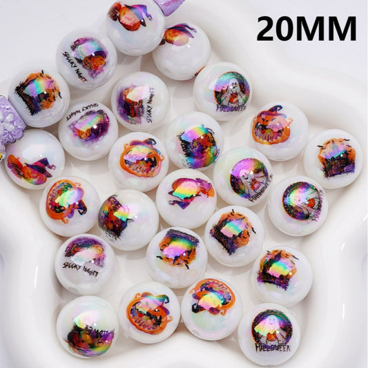 UV Coating Ghost Face Pumpkin with Wizard Hat, Halloween Series Round Acrylic Beads 20MM, Random Mix