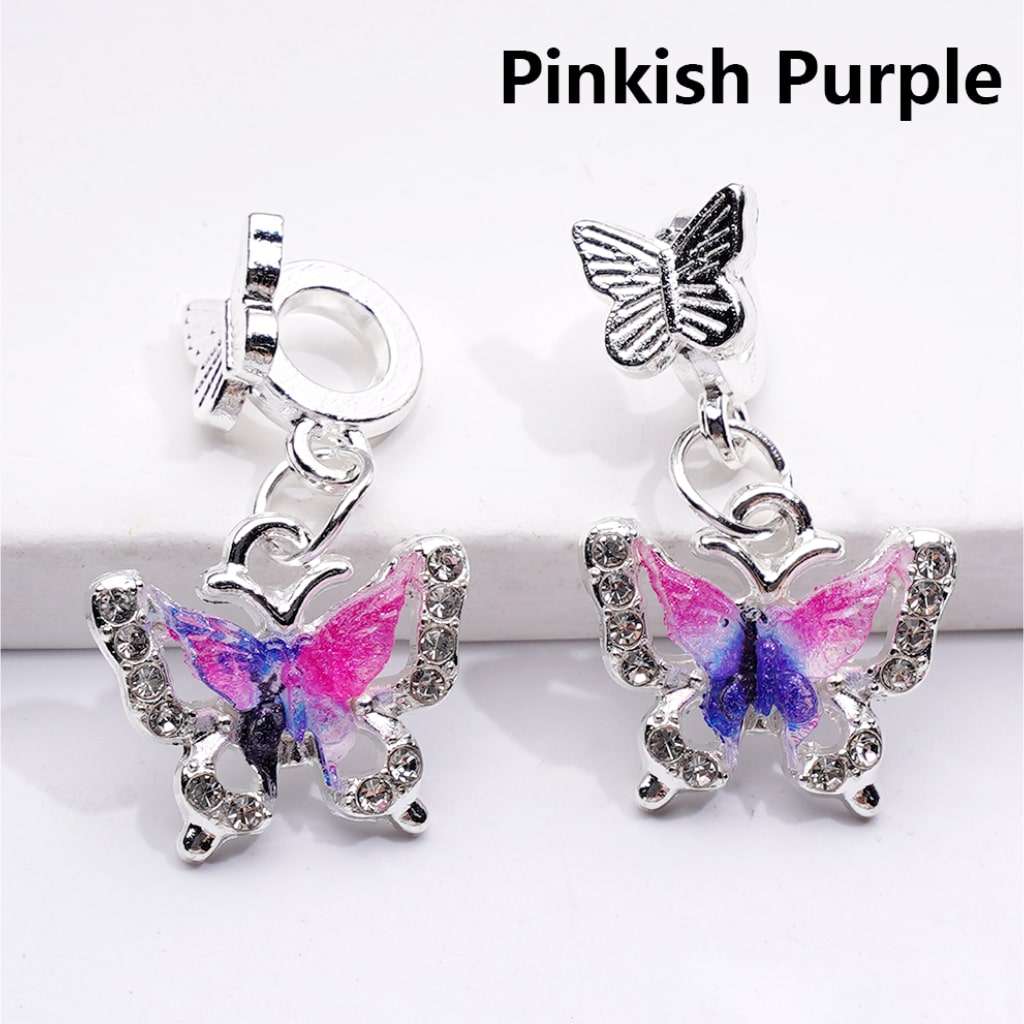 Silver Color Metal Beads with Bail Dangle Charm Pendant Jewelry Accessories Double‑Color Butterfly Rhinestones