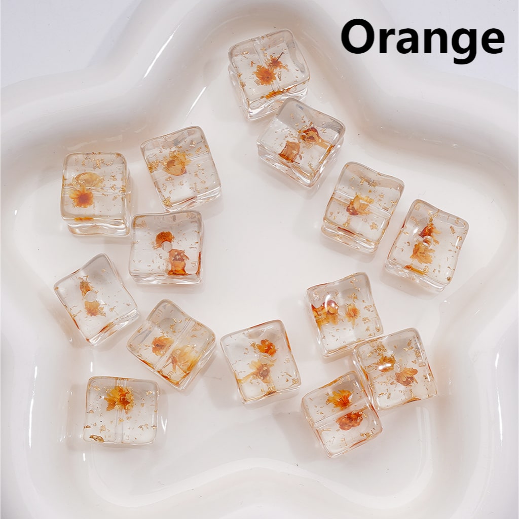 Multi-Color Clear Cube Square Acrylic Beads 14–15MM Dried Flowers Gold Foil Paper Inside (Single Color is available for 200pcs Whole bag)