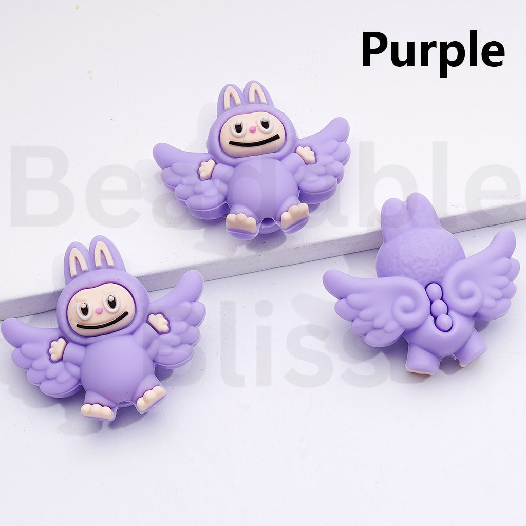 3D Pink White Cute Labub with Wings Silicone Focal Beads