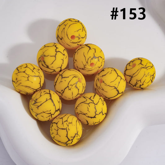 Yellow Color Round Printed Silicone Beads with Black-Colored Cracks, 15MM, Number 153