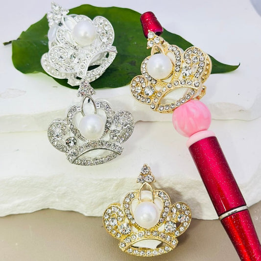 Gold & Silver Alloy Bling Bling Fancy Crown with Large White Pearls, Clear Rhinestones, and Clay Beads, Around 34*35mm