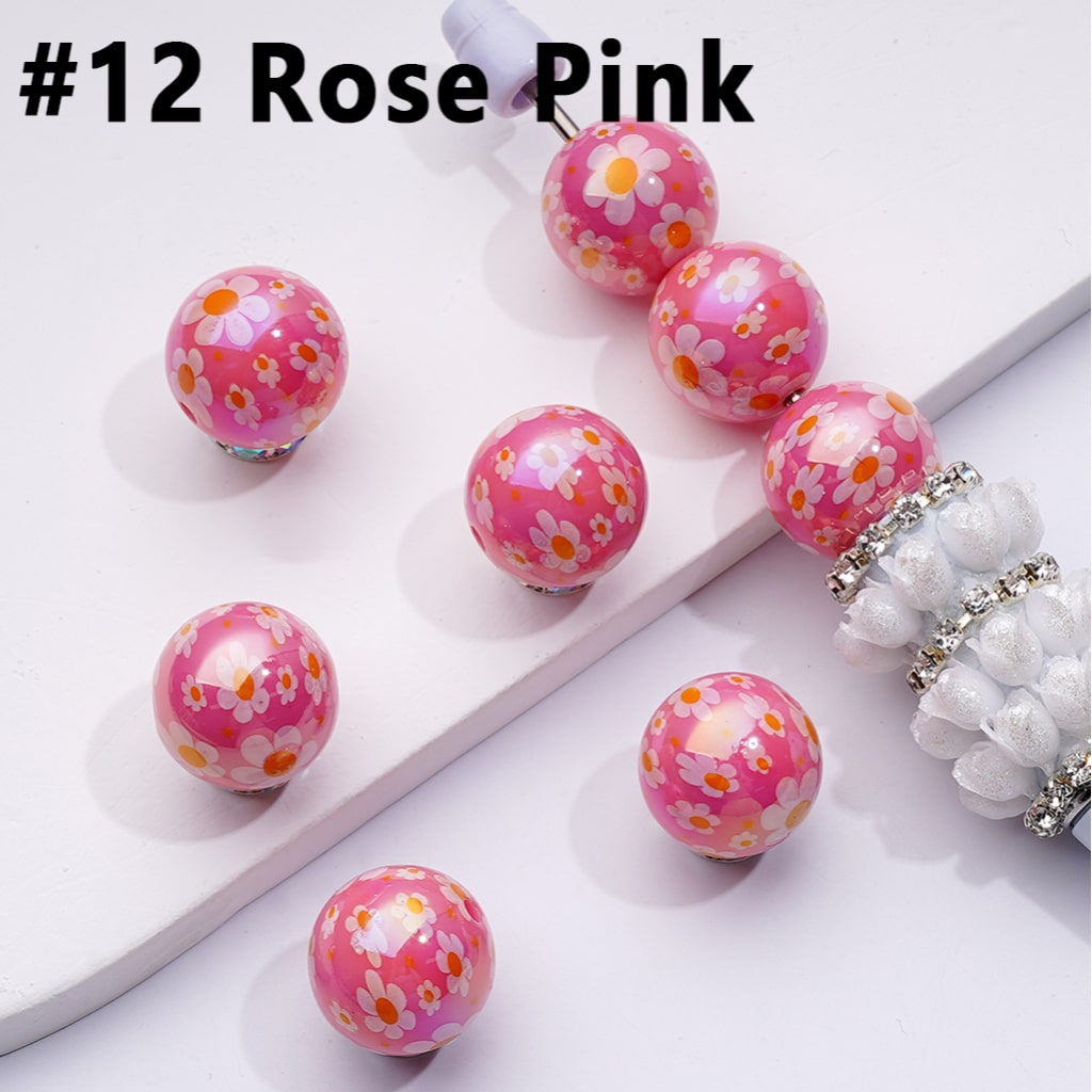 UV-Coated Acrylic Beads – Mini Floral Design in Purple, Pink & Red – 16MM Assorted Mix