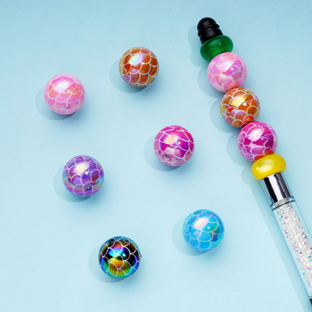 UV Coating Mermaid Prints in Solid Colors Round Acrylic Beads 16MM Random Mix