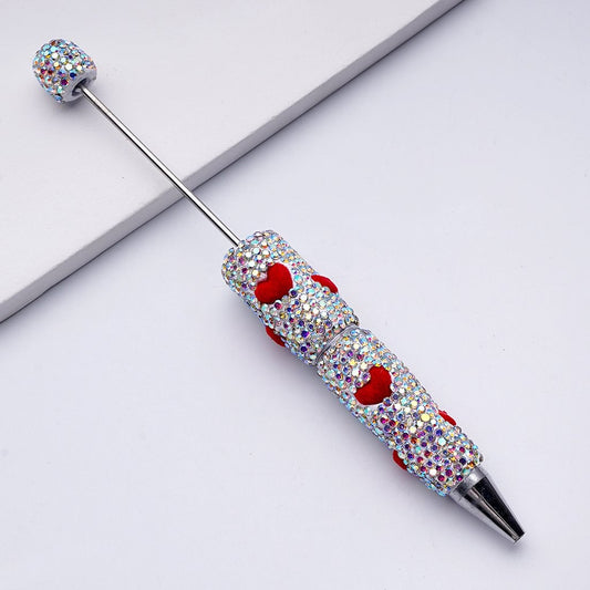 Beadable Clay Pens with Cute Red Flocked Hearts AB Rhinestones Covered the Entire Pen