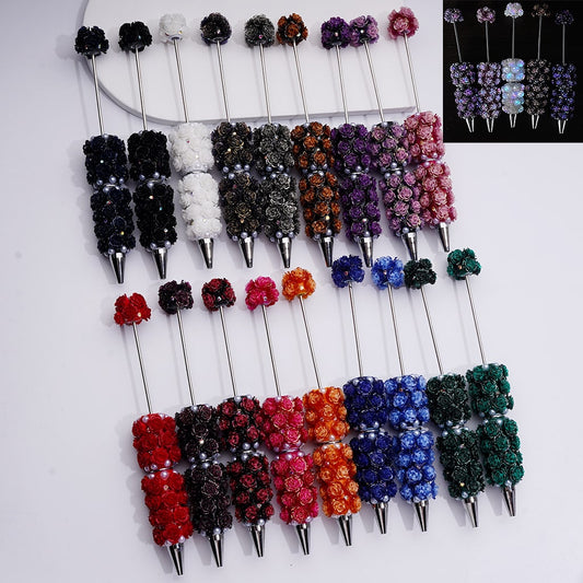 Glitter Shiny Flowers Luminous Beadable Clay Pens with White Pearls and AB Rhinestones