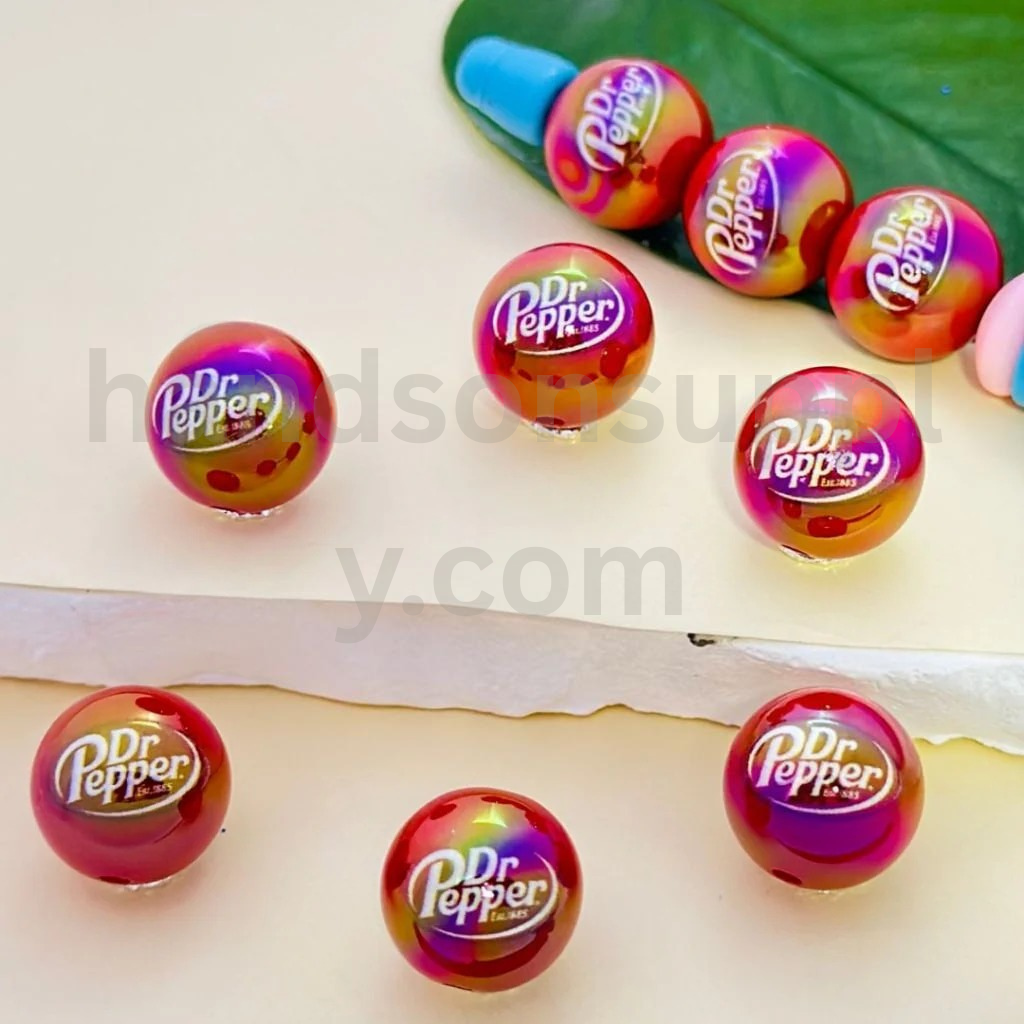 UV Coated Red Dr Peppe Soda Drink 16MM Round Acrylic Beads