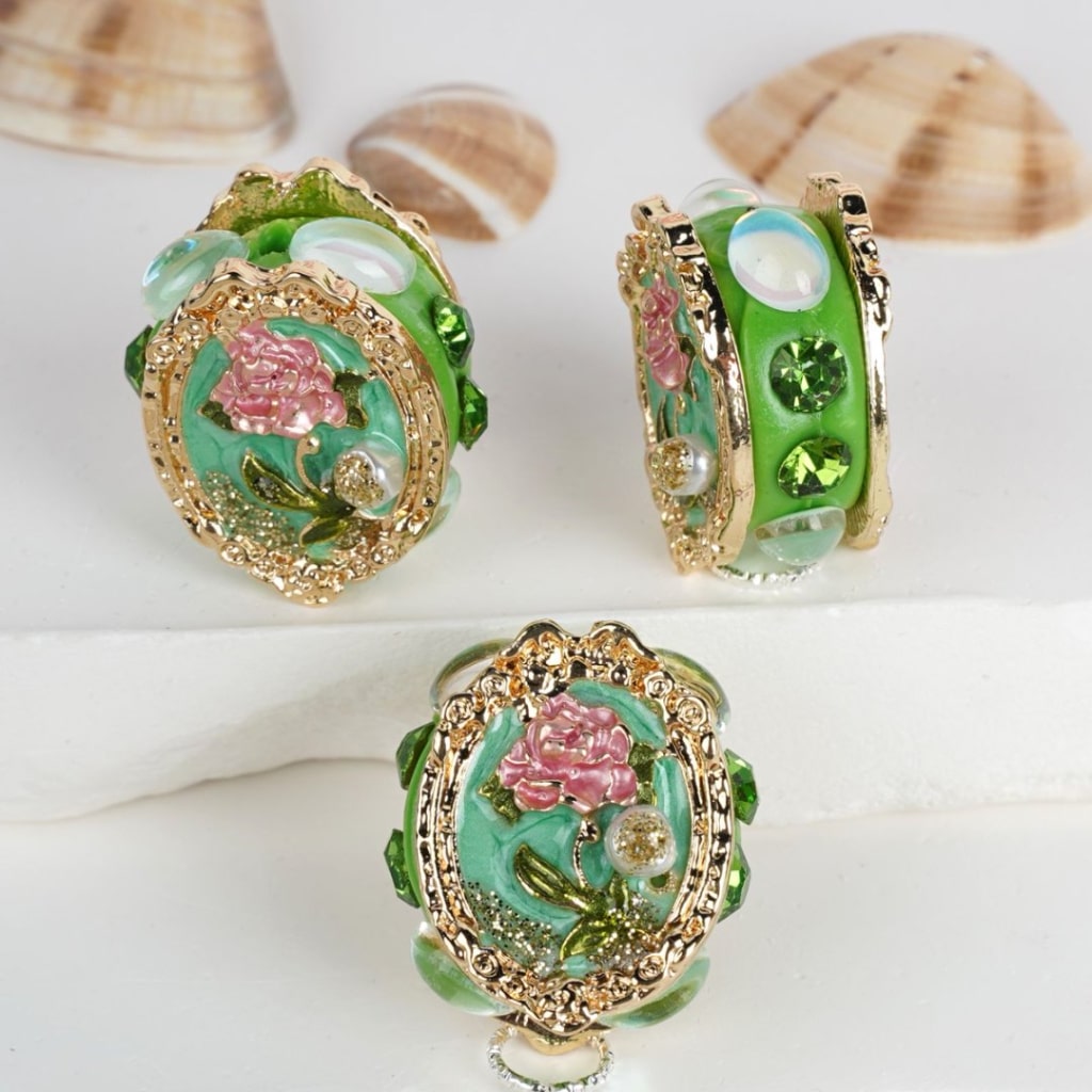 Fancy Gold Alloy Oval Shape with Pink Tulip, Clear Rhinestones, White Pearls, and Clay Beads, Around 32*24mm