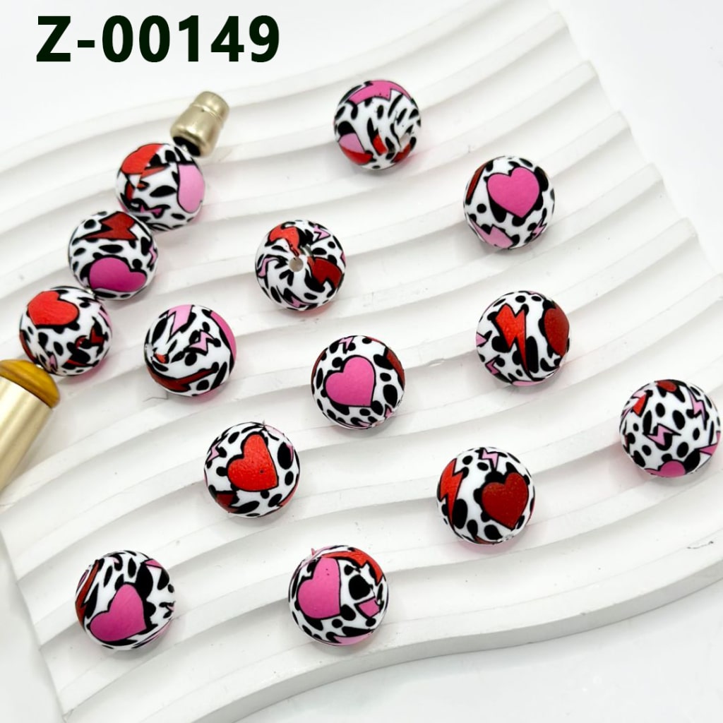 Hearts Cow Prints Pink Red Lightning Round Printed Silicone Beads 15mm, Number Z-00149