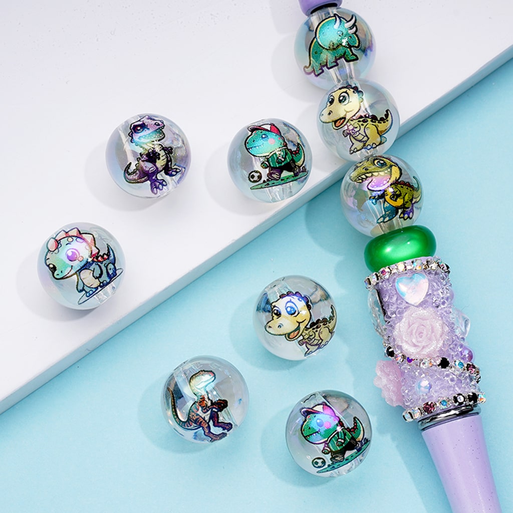 Cute Cartoon Baby Dinosaurs Transparent Round Acrylic Beads 16mm Random Mix
