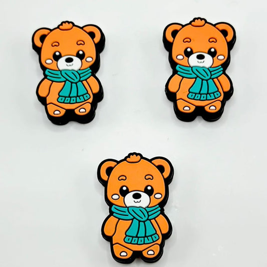 Cute Orange Little Bear in a Cute Teal Scarf Silicone Focal Beads