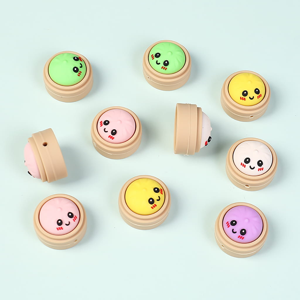 3D Cute Shy Dumpling in Steamer Basket Silicone Focal Beads, 30MM, Assorted Colors, Random Mix