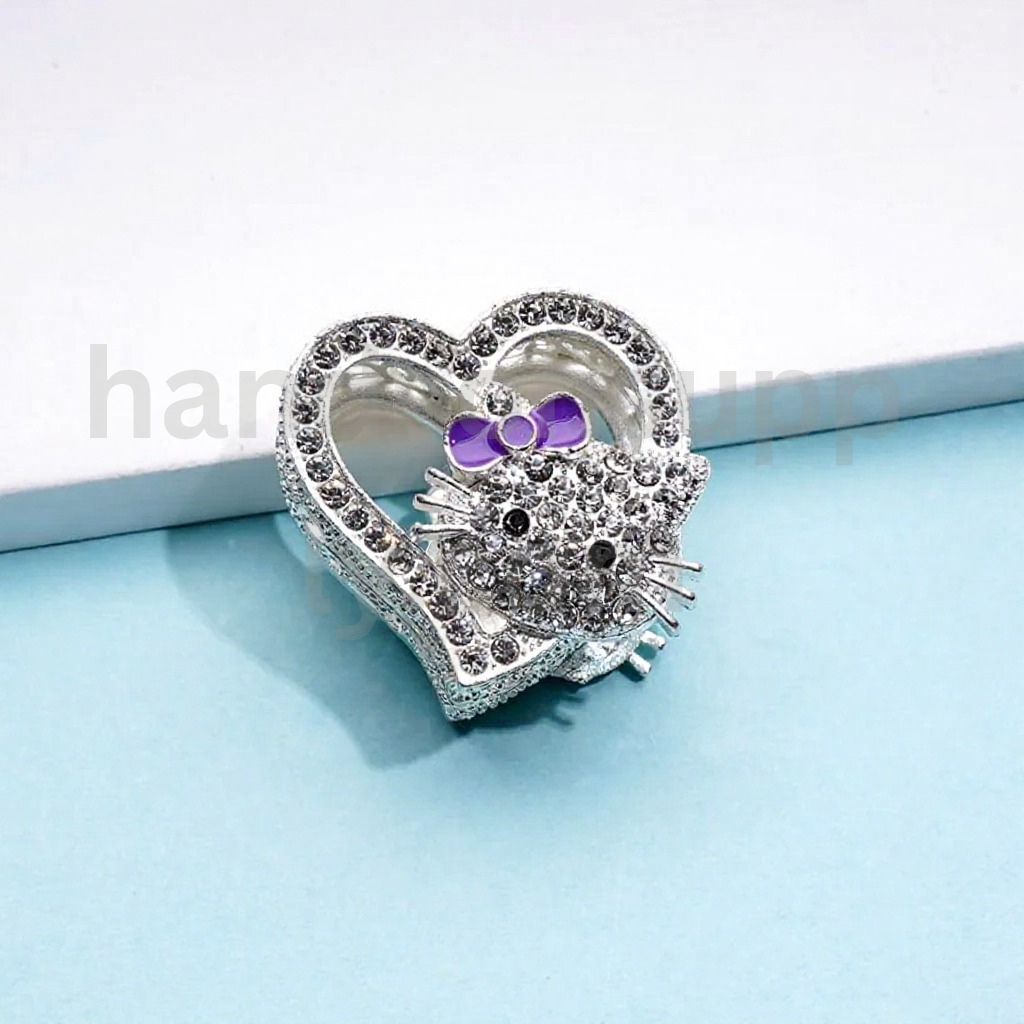Silver Heart HK Kitten Design with Clear Rhinestones 27×28MM Alloy Beads