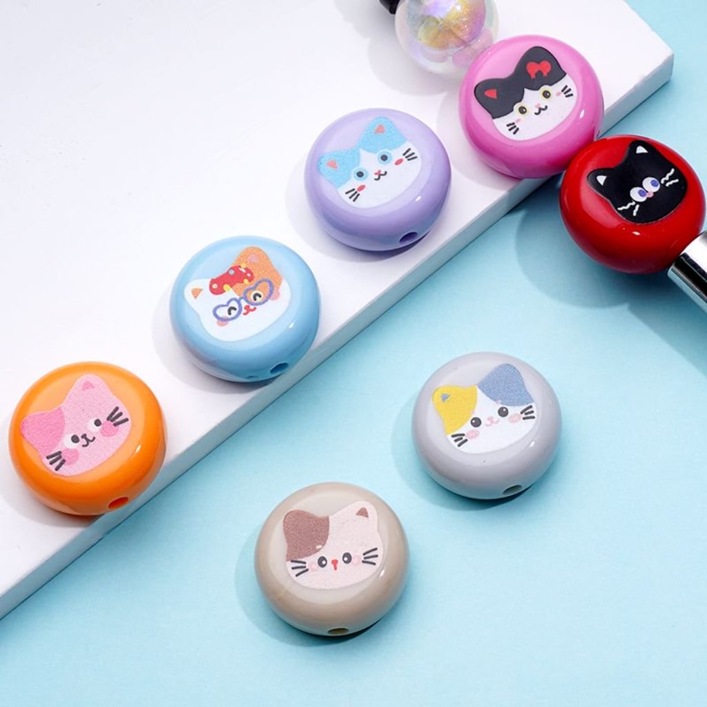 Kitten Round Flat Cute Cat Acrylic Beads, Around 22*10MM, Random Mix