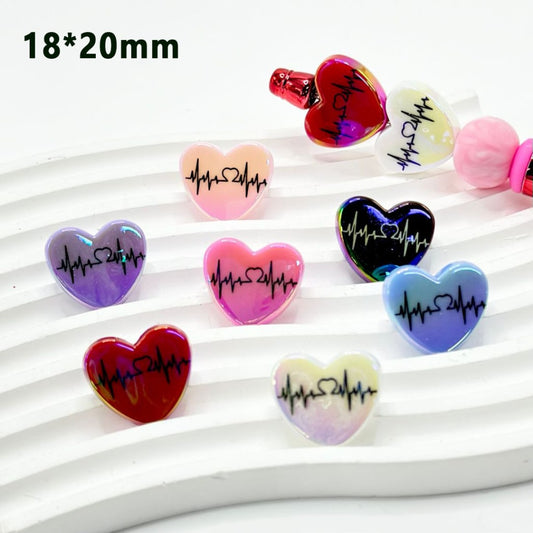 Colorful Heart UV Finish Shiny Acrylic Beads with Electrocardiograph, 18*20MM