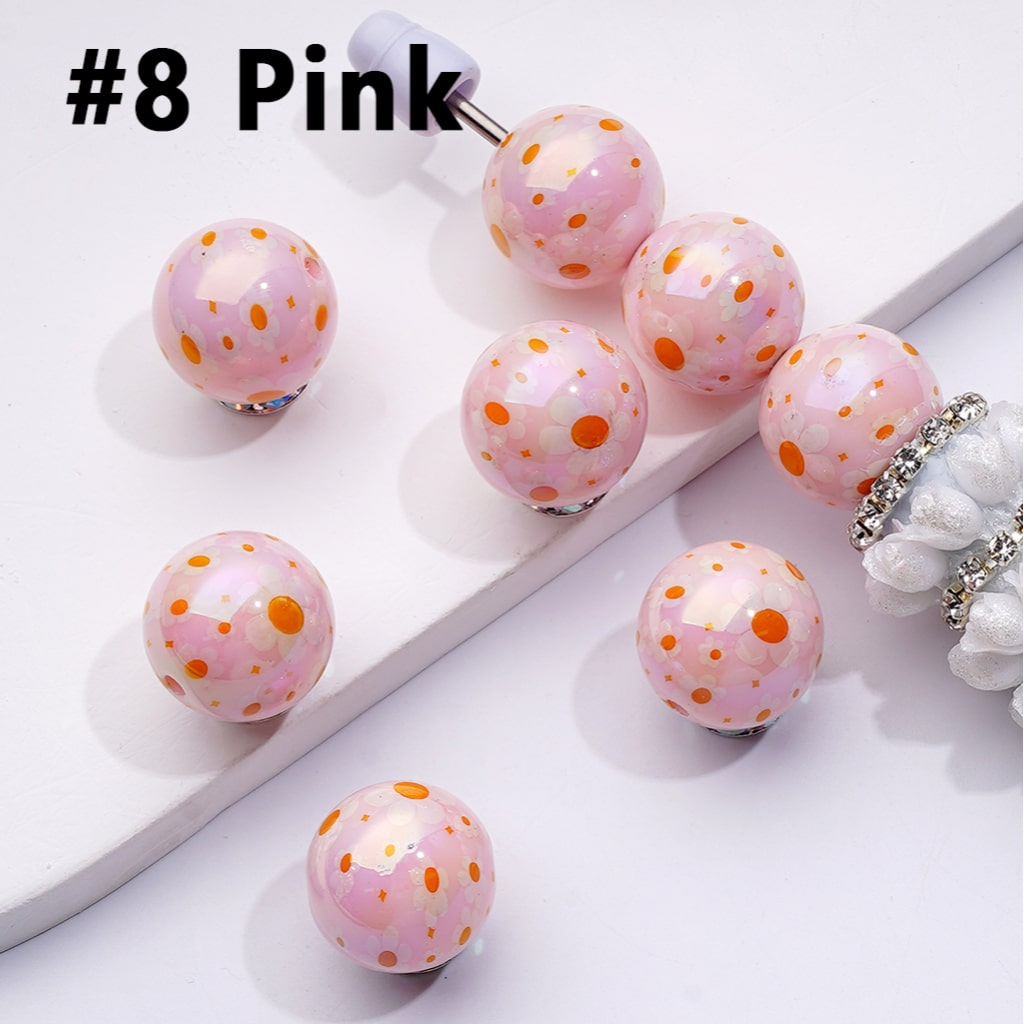 UV-Coated Acrylic Beads – Mini Floral Design in Purple, Pink & Red – 16MM Assorted Mix