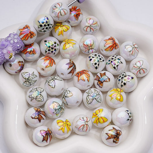 American Football Soccer Baseball Softball Basketball Volleyball Series Bowknots UV Coating White Round Acrylic Beads 16MM