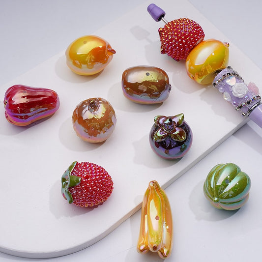 Vivid Fruit Acrylic Beads with UV Coating Strawberry, Banana, Pear, Pawpaw & Mangosteen Mix, 25–28MM