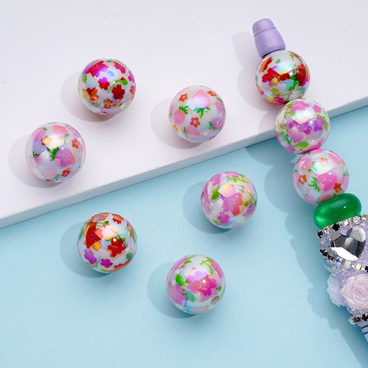 UV Coating Pink Red Flowers Green Leaves Print White Round Acrylic Beads, Random Mix, 16MM