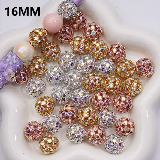 Hollow Gold Silver Rose Gold Fancy Alloy Round Beads with AB Rhinestones, 16MM