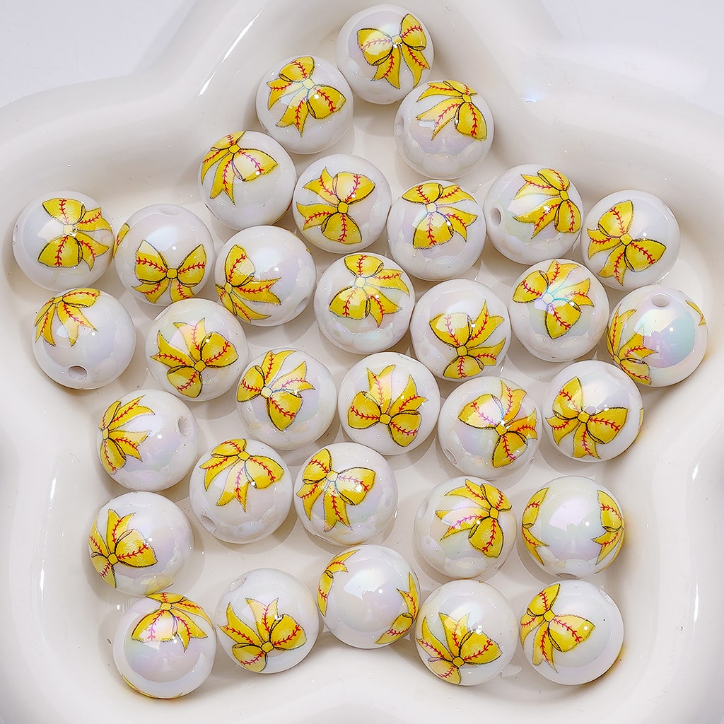 American Football Soccer Baseball Softball Basketball Volleyball Series Bowknots UV Coating White Round Acrylic Beads 16MM