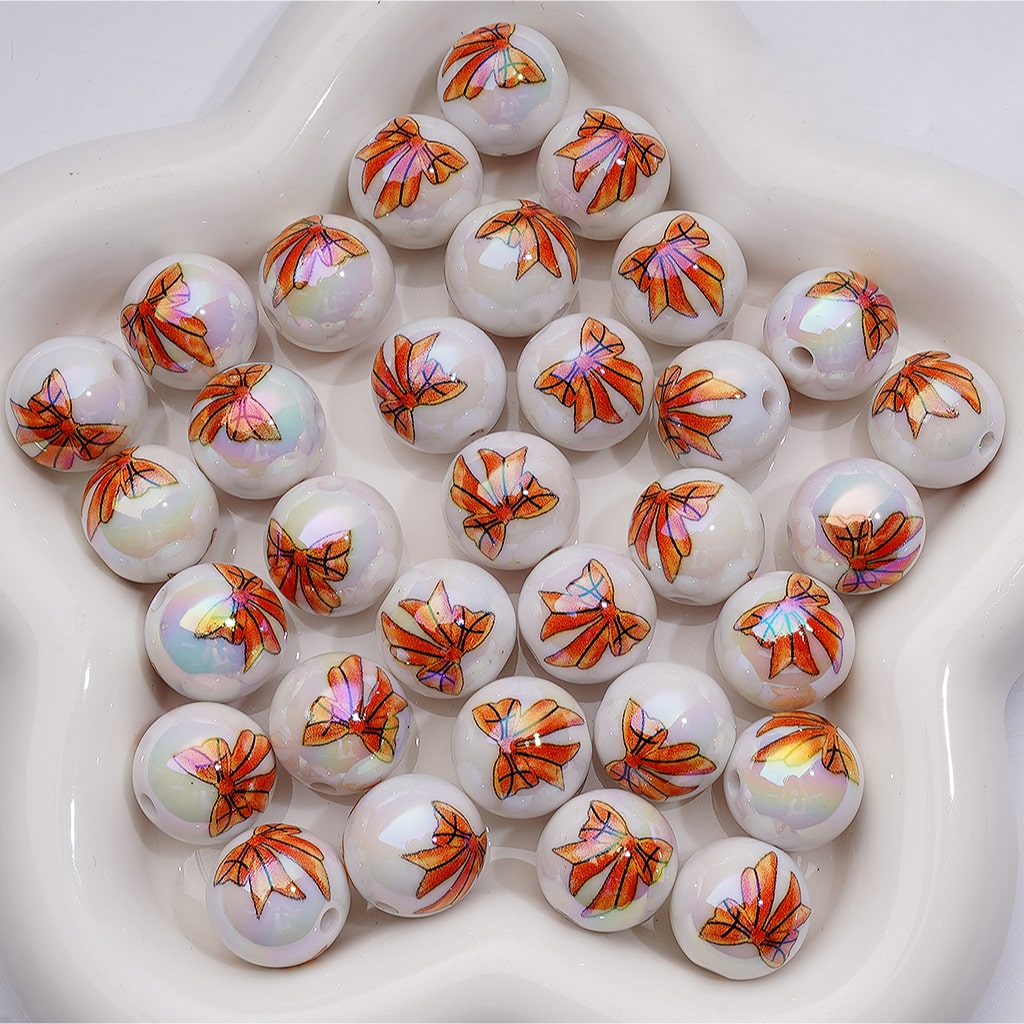 American Football Soccer Baseball Softball Basketball Volleyball Series Bowknots UV Coating White Round Acrylic Beads 16MM