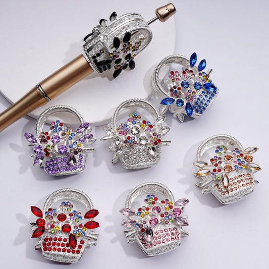 Glittering Silver Alloy Flower Basket Beads Adorned with Sparkling Multi-Color Rhinestones Approx. 37x37MM