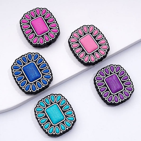 Multi-Colored Rectangle Shape Silicone Focal Beads with Western Gemstone Design, Assorted Mix