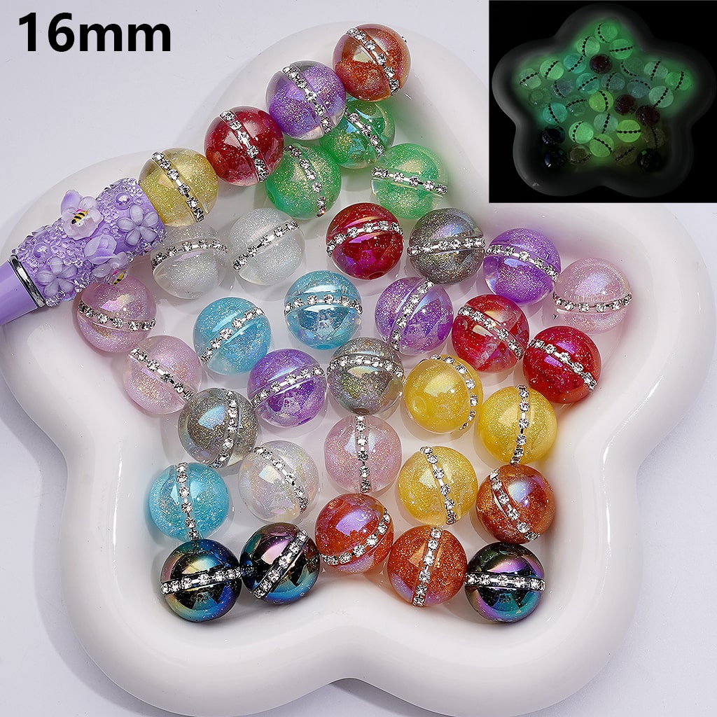Colorful beads with a close-up inset showing a glowing effect on a white background.

