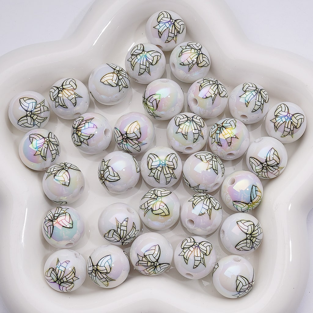 American Football Soccer Baseball Softball Basketball Volleyball Series Bowknots UV Coating White Round Acrylic Beads 16MM