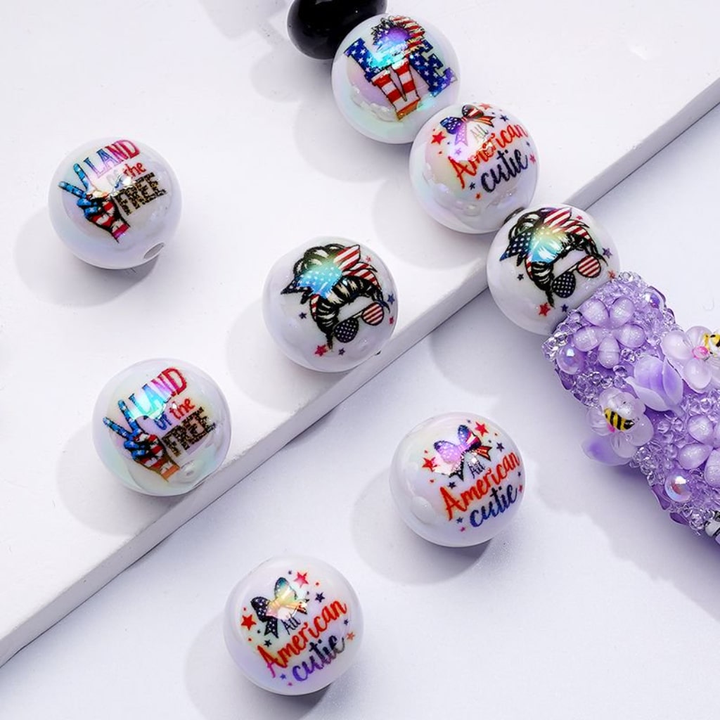 USA American UV Coating National Flag Land of the Free Cutie Patriotism White Round Acrylic Beads, 16MM, Random Mix