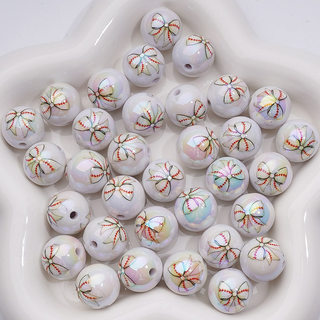 American Football Soccer Baseball Softball Basketball Volleyball Series Bowknots UV Coating White Round Acrylic Beads 16MM