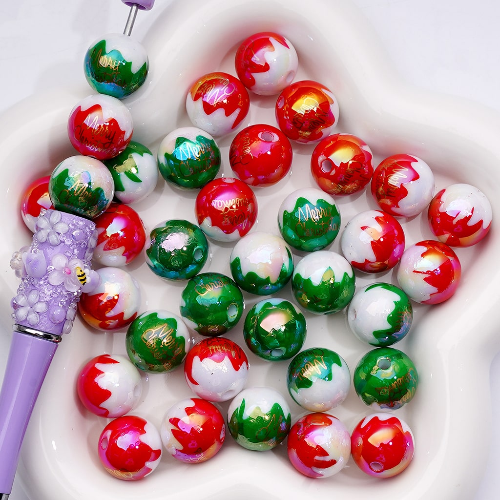 UV Coated Merry Christmas Print Red & Green on White Round Acrylic Beads 16mm