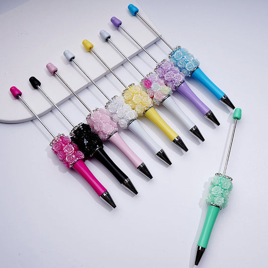 Shiny Glitter Rose Flower with White Pearls Clear Rhinestones Chain Beadable Pen in Solid Color