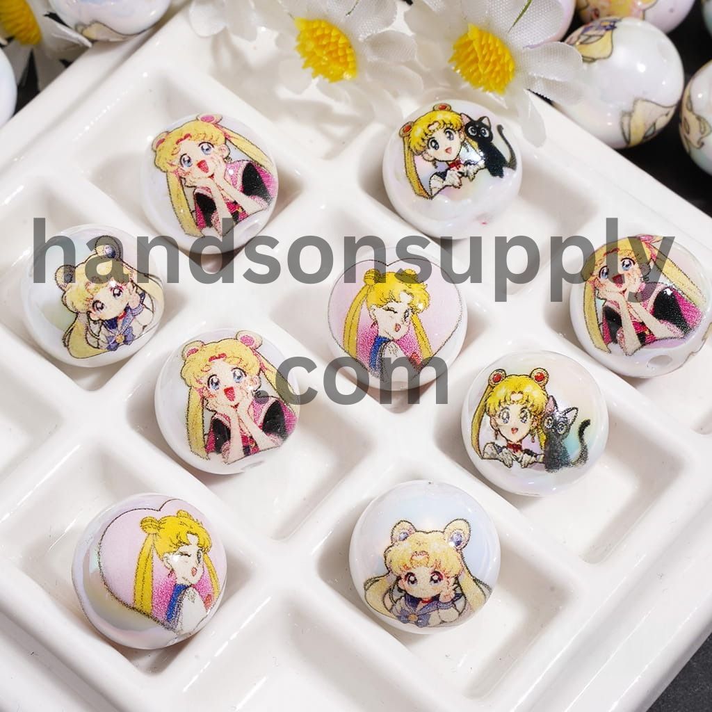Cute Anime Magical Girl Character Series Print Iridescent Round Acrylic Beads for Bracelets, 16MM Random Mix