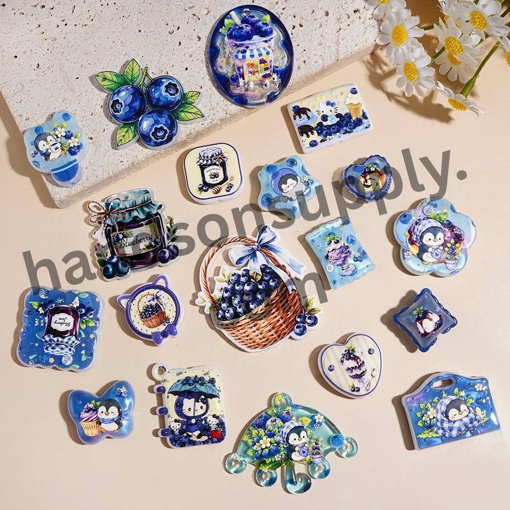 Adorable Penguin & Cat Cartoon Character with Blueberry Jam Bread & Ice Cream in Blue Series Acrylic Beads and Pendants, Random Mix
