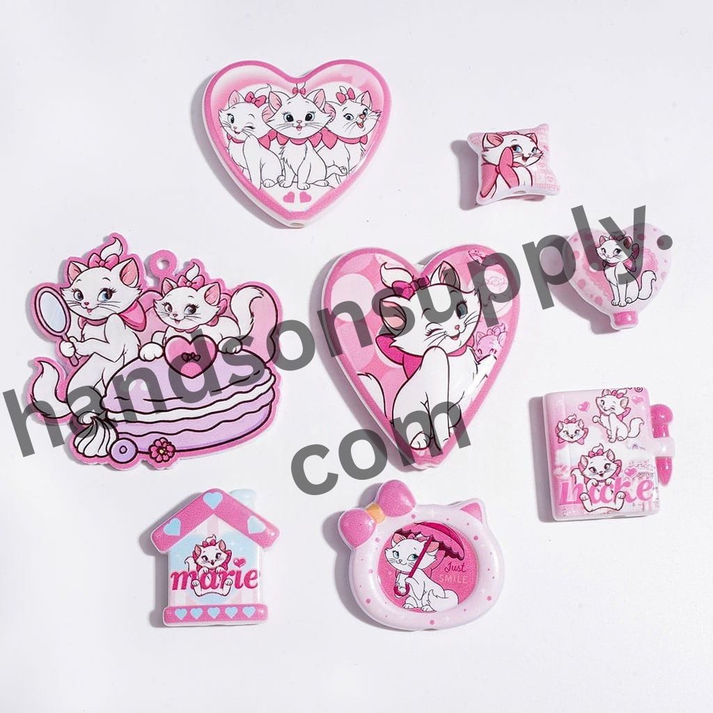 Cute White Cat Character Series with Pink Hearts, Bows & Sweet Dessert Designs Acrylic Beads and Pendants, Random Mix