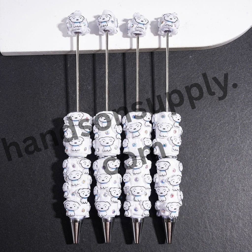 Adorable Japanese Anime White Dog Character with Blue Collar & Sparkling AB Rhinestone Beadable Clay Pens